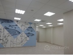 Ремонт торгового помещения: зал с росписью стен рыбами и подвесным потолком с растровыми светильниками