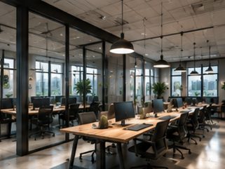 Офис в формате open space: ряды рабочих мест у панорамных окон и переговорная за стеклянной перегородкой